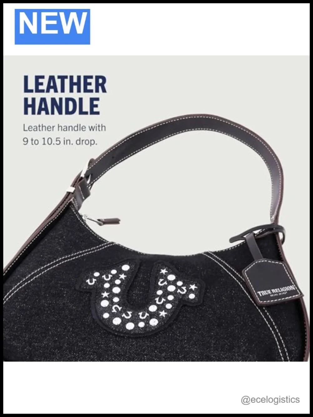 Hobo Bag Denim Studded Logo Silver Hardware Zip Top Adjustable Strap